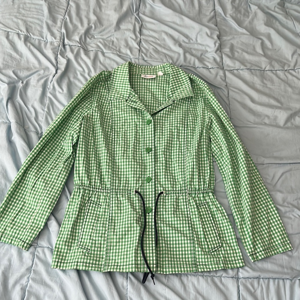 Denim & Co. Green and white gingham button up jacket size medium